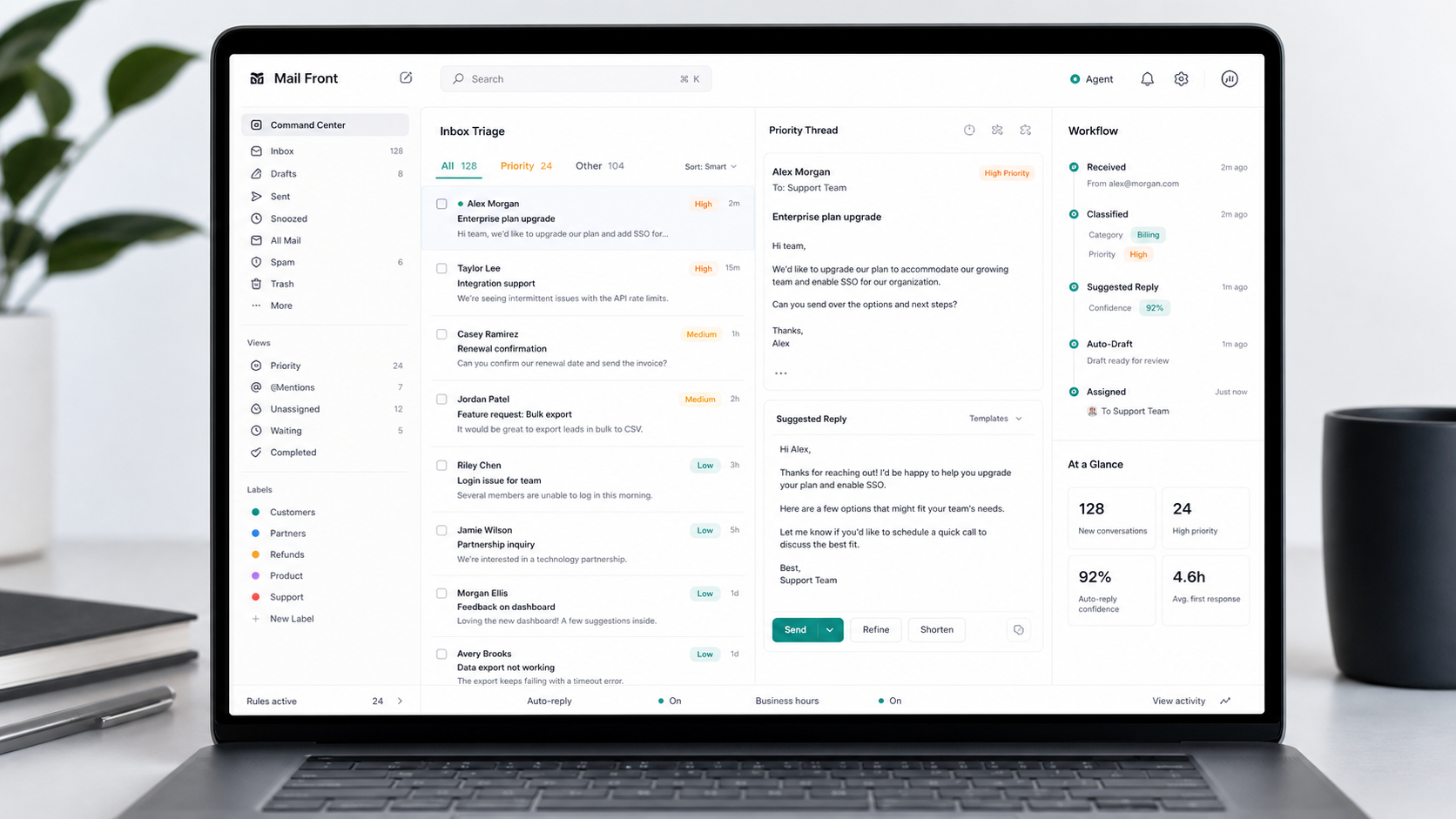 MailFront inbox triage dashboard shown on a laptop